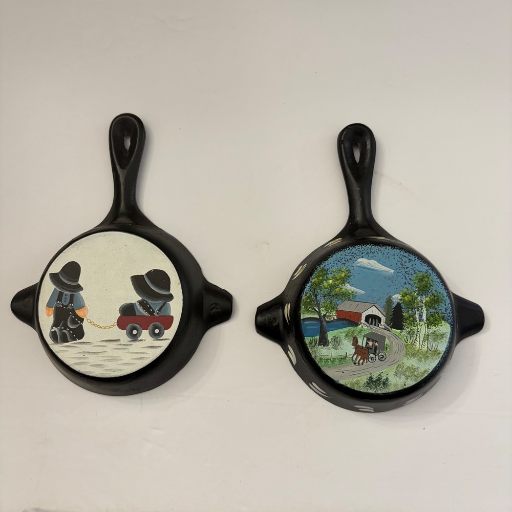 Vintage Hand Painted Amish Cast Iron mini Skillet Set of 2 Folk Art Decor